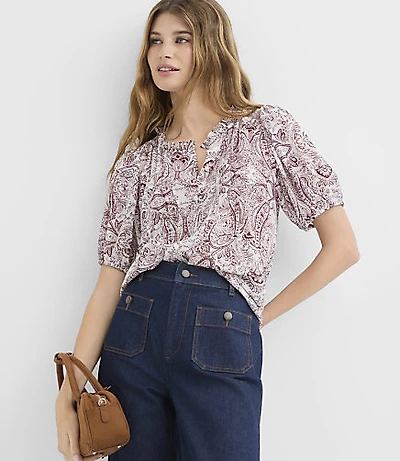Paisley Pintucked Puff Sleeve Blouse