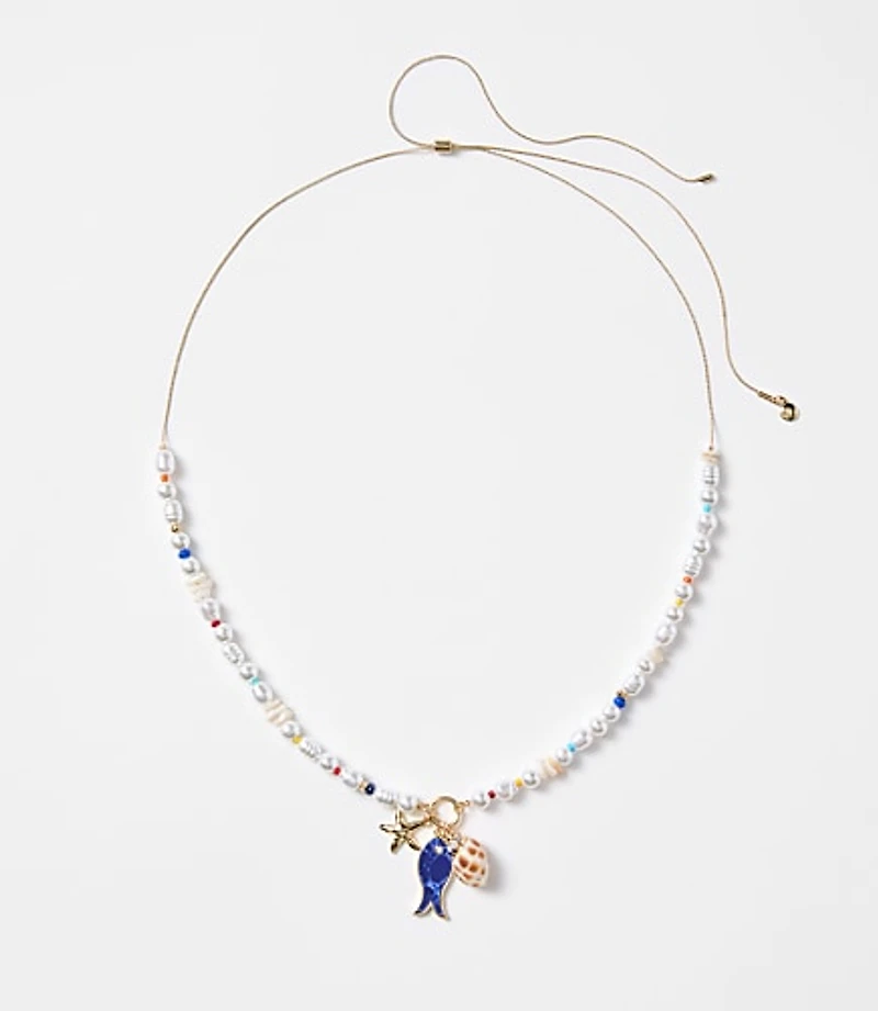 Pearlized Fish & Seashell Pull Tie Necklace