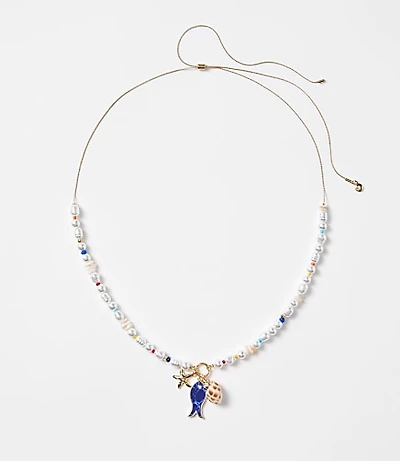 Pearlized Fish & Seashell Pull Tie Necklace
