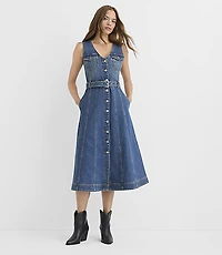 Belted Seamed Denim Midi Pocket Dress Classic Indigo Wash