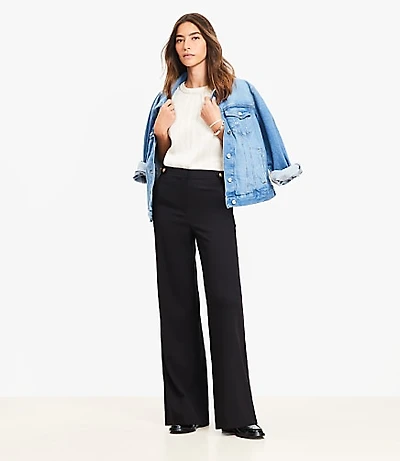 Tab Waist Wide Leg Pants Twill