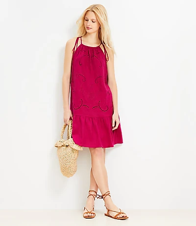 Eyelet Linen Blend Mini Halter Dress