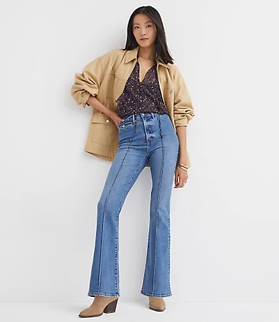 Pintucked High Rise Slim Flare Jeans Medium Stone Wash