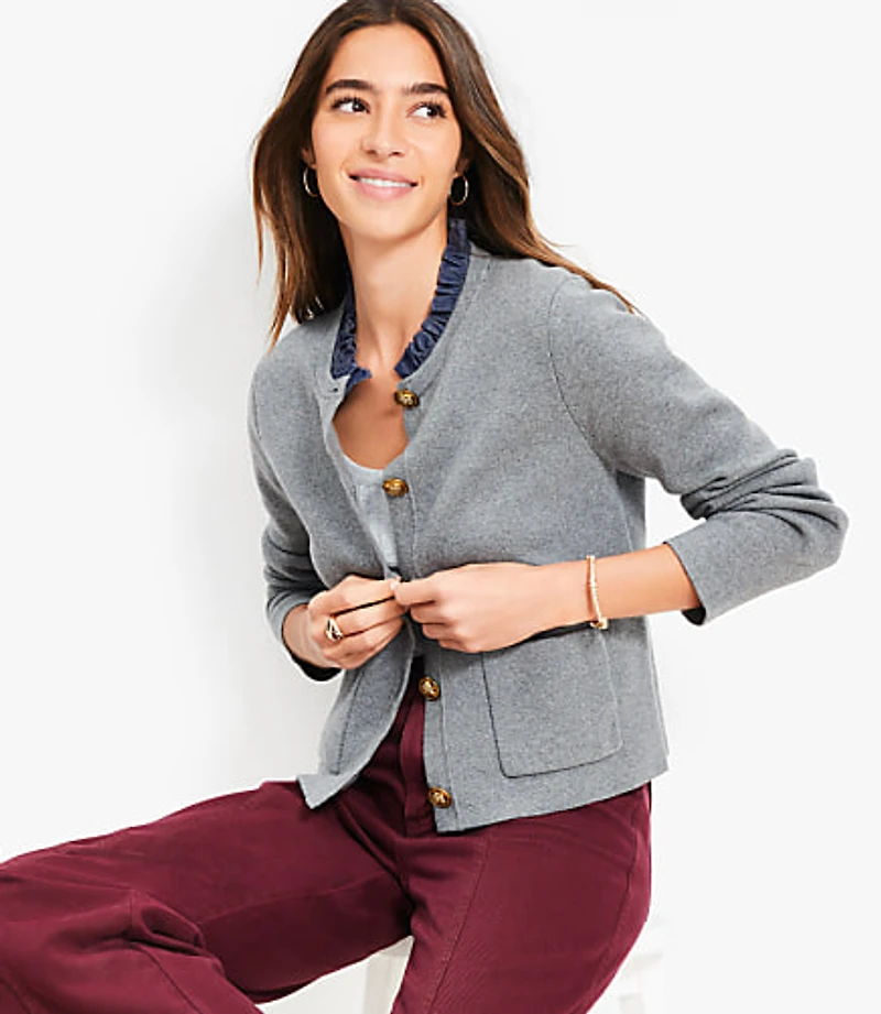 Ruffle Collar Mixed Media Sweater Jacket