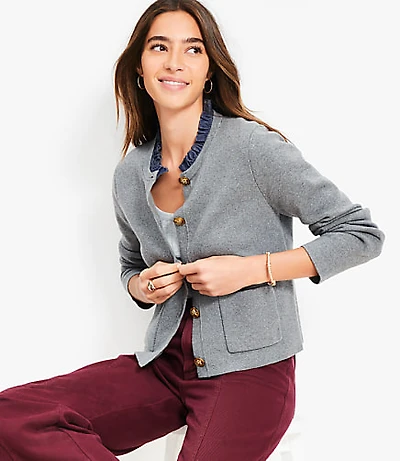 Ruffle Collar Mixed Media Sweater Jacket