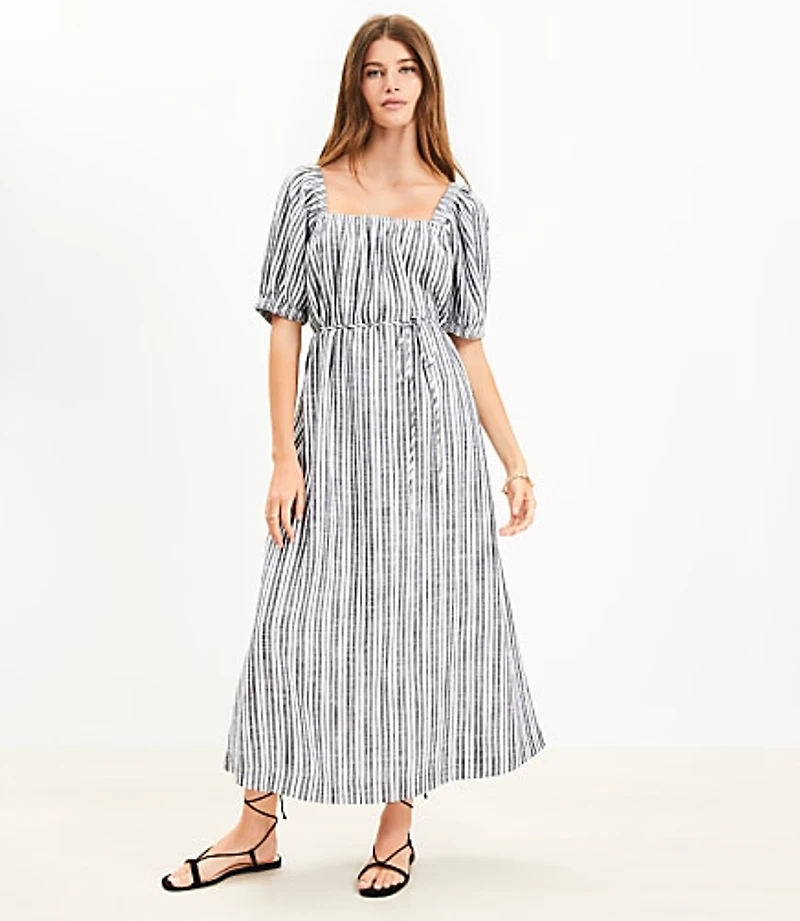 Petite Striped Smocked Square Neck Midi Dress