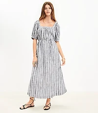 Petite Striped Smocked Square Neck Midi Dress