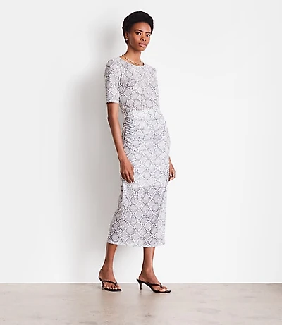 Petite LOFT Versa Snake Print Mesh Ruched Midi Skirt