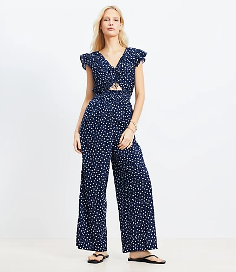 LOFT Beach Floral Crinkle Cutout Flutter Jumpsuit
