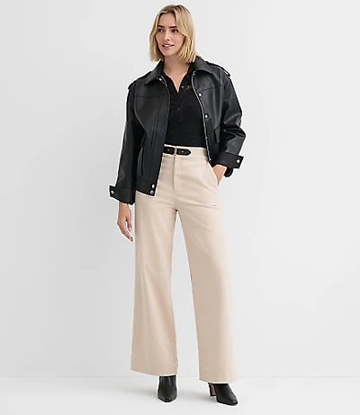Petite Faux Leather Buckle Wide Leg Corduroy Pants