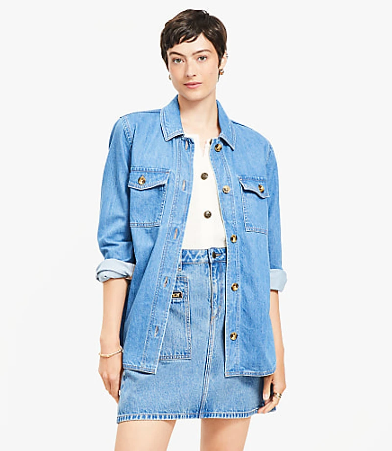 Petite Denim Shirt Jacket Classic Mid Wash
