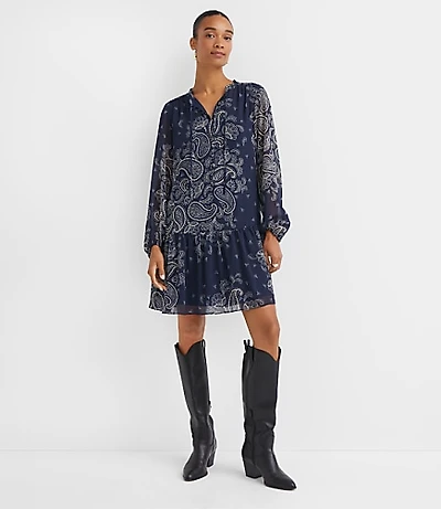 Paisley Button Flounce Mini Dress