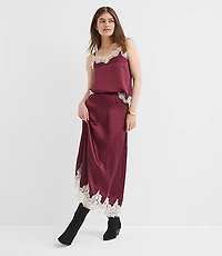 Lace Trim Satin Midi Skirt