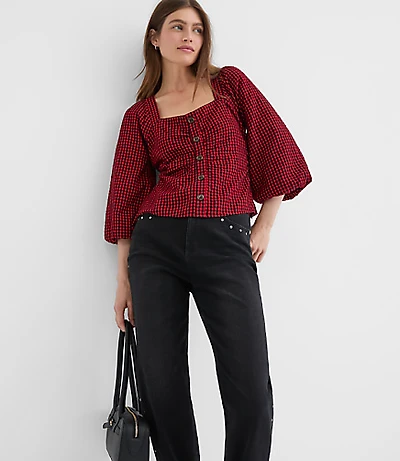 Gingham Gathered Square Neck Top