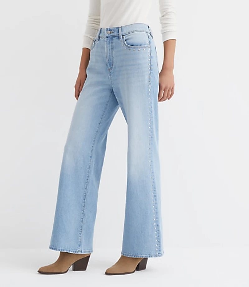 Curvy Studded High Rise Wide Leg Jeans Mid Vintage Wash