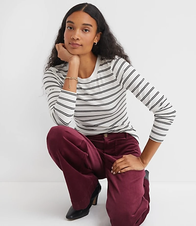 Petite Stripe Ribbed Crew Neck Long Sleeve Tee