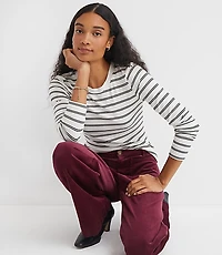 Petite Stripe Ribbed Crew Neck Long Sleeve Tee