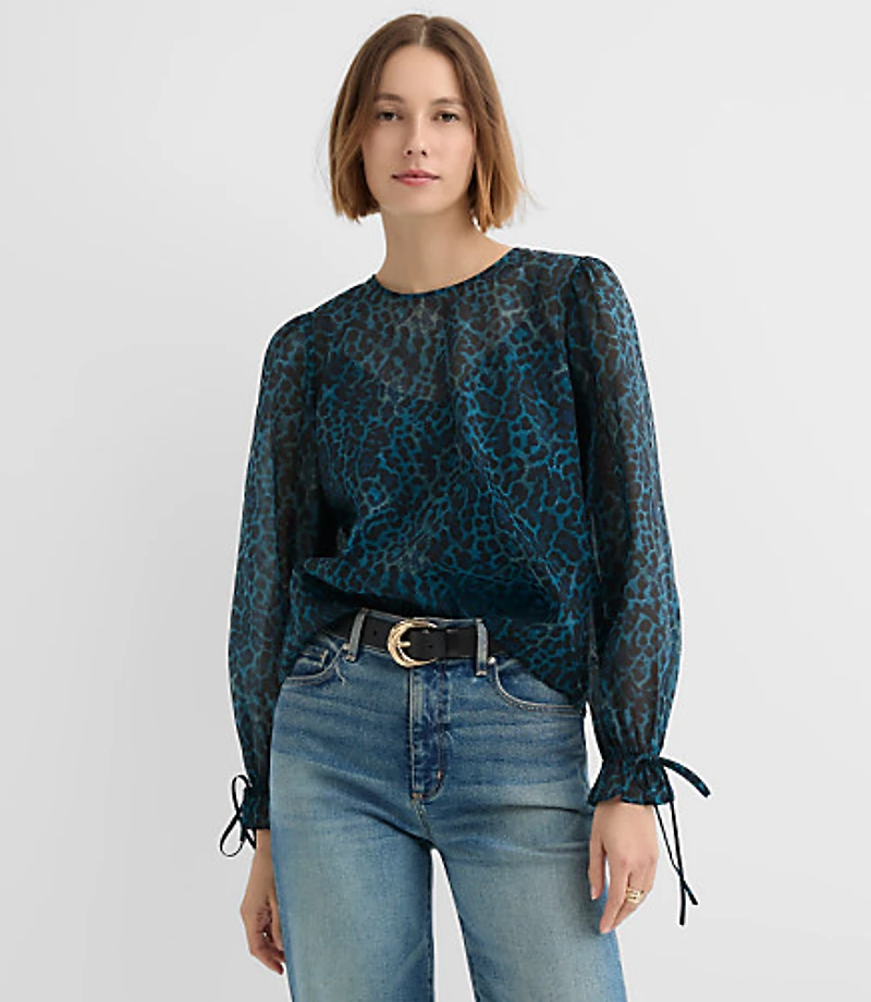 Leopard Print Ruffle Tie Cuff Blouse