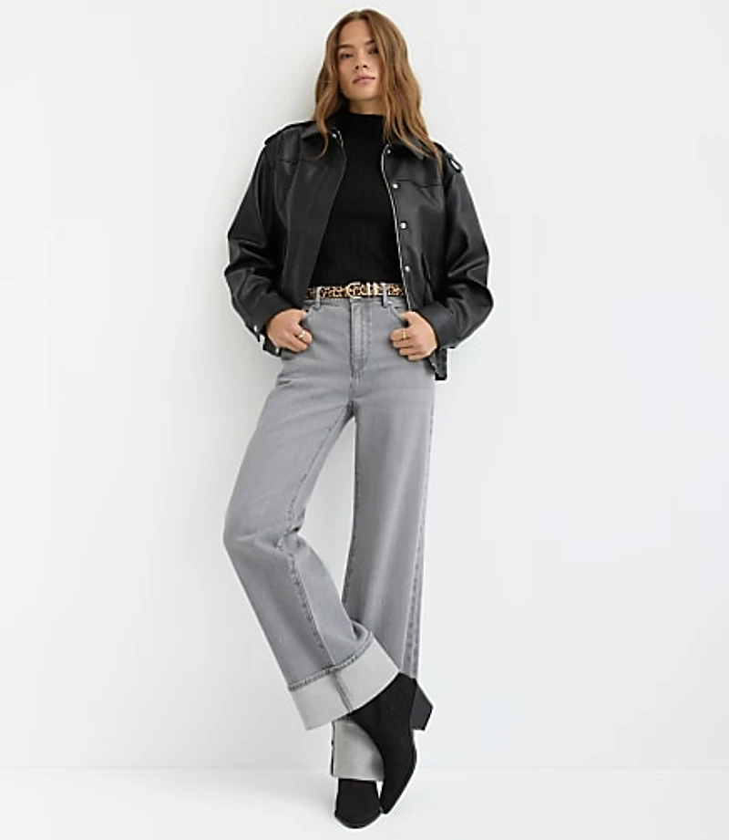 Petite Cuffed High Rise Wide Leg Jeans Grey