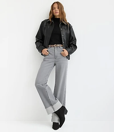 Petite Cuffed High Rise Wide Leg Jeans Grey