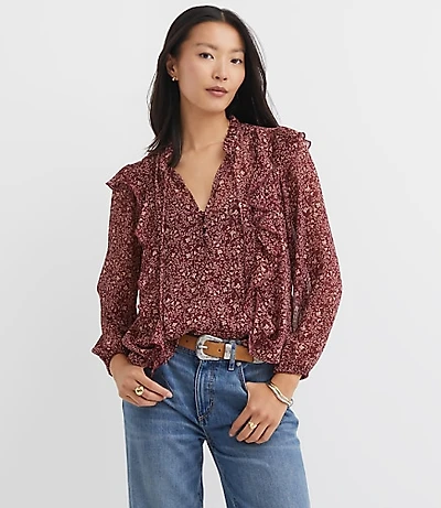 Floral Ruffle Button Tie Neck Blouse