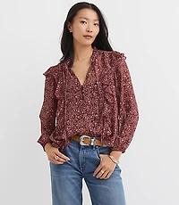 Floral Ruffle Button Tie Neck Blouse