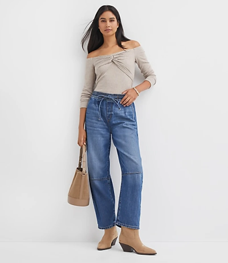 Petite Pull On High Rise Barrel Jeans Vintage Light Indigo Wash