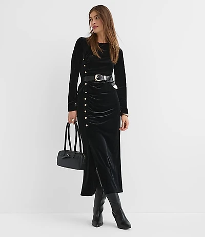 Velvet Ruched Button Midi Skirt