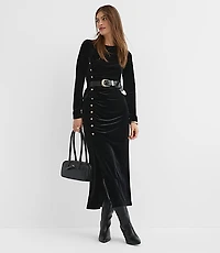 Velvet Ruched Button Midi Skirt