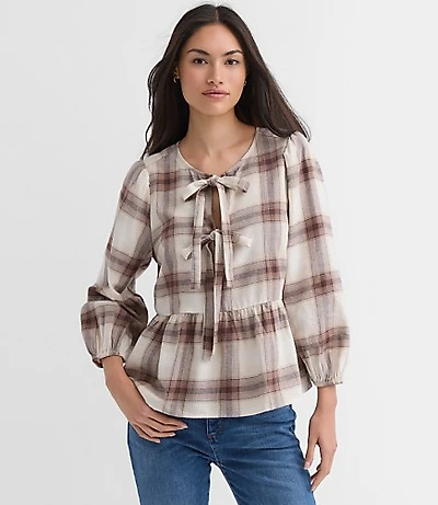 Plaid Flannel Bow Peplum Top