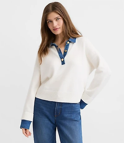 Denim Trim Henley Sweater