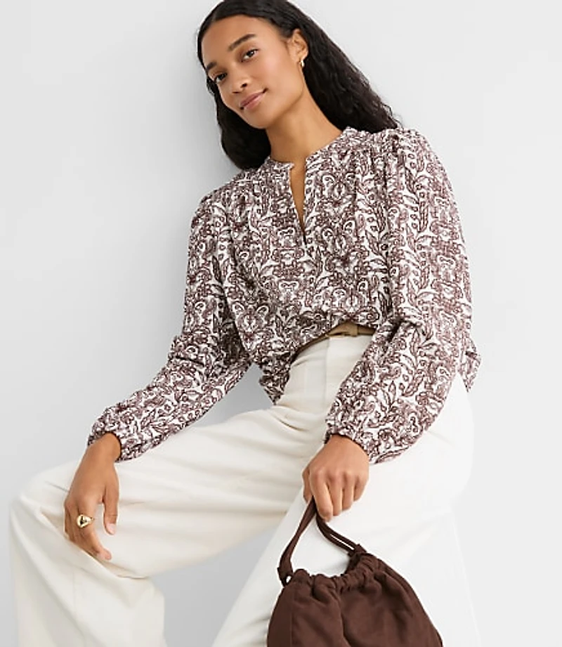 Lace Garden Crinkle Knit Split Neck Blouse