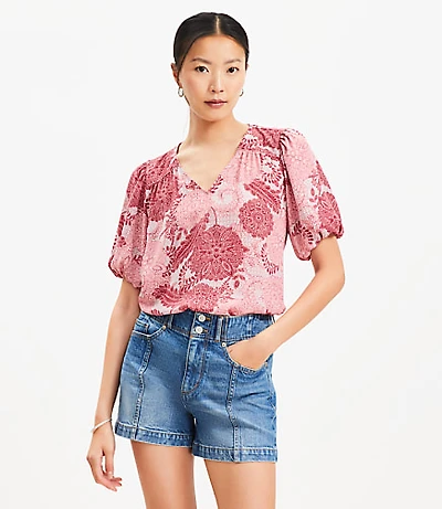 Petite Floral Bubble Sleeve Mixed Media Blouse