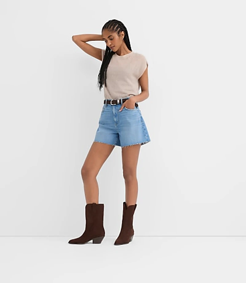 Rivete High Rise Cut Off Denim Shorts Mid Wash