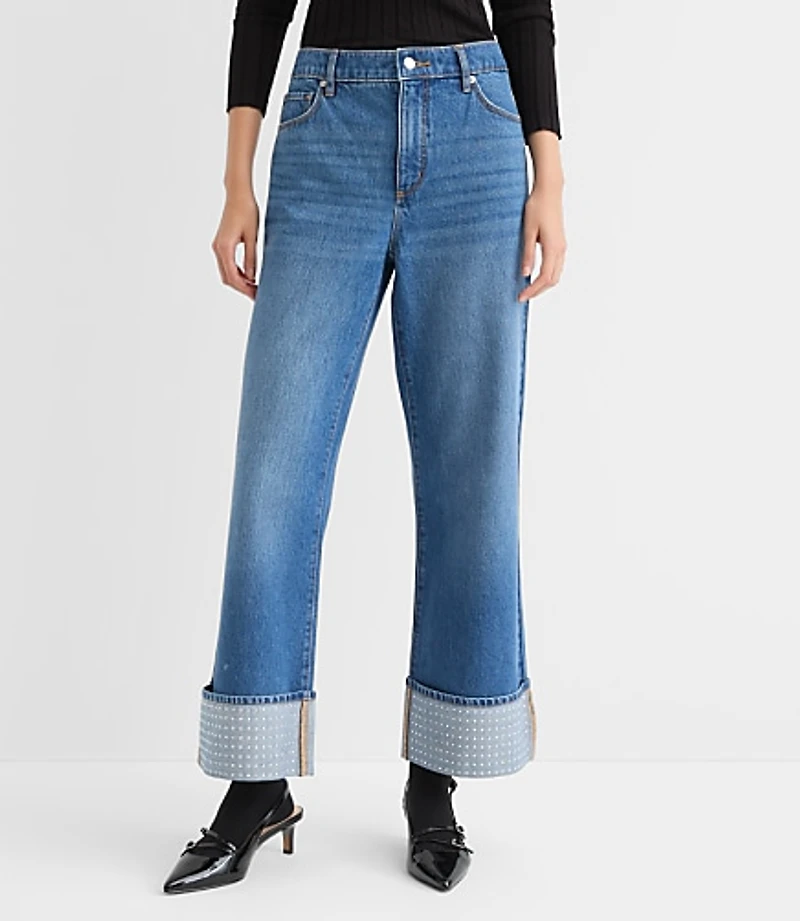 Petite Curvy Embellished Cuffed High Rise Wide Leg Crop Jeans Bright Mid Indigo Wash