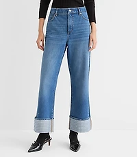 Petite Curvy Embellished Cuffed High Rise Wide Leg Crop Jeans Bright Mid Indigo Wash
