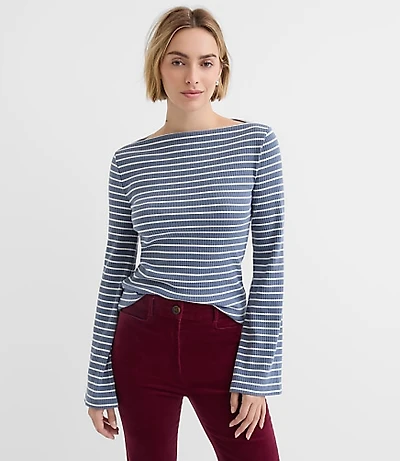 Stripe Ribbed Flare Sleeve Boatneck Top