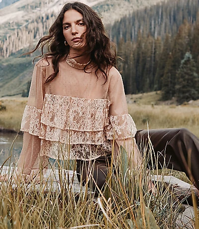 Velvet Dotted Chantilly Lace Ruffle Top