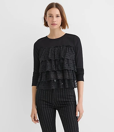 Lace Ruffle Mixed Media Top