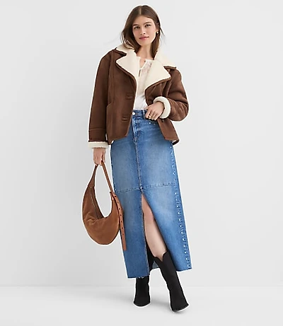 Studded Denim Maxi Skirt Classic Mid Wash