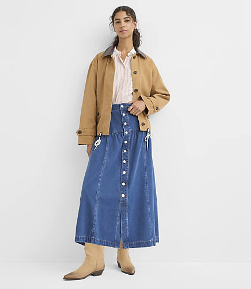 Petite Yoke Button Denim Midi Skirt Classic Mid Wash