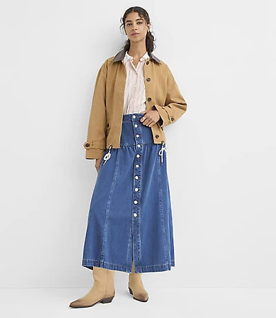 Petite Yoke Button Denim Midi Skirt Classic Mid Wash