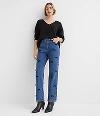 Petite Velvet Bow High Rise Straight Jeans Bright Mid Indigo Wash