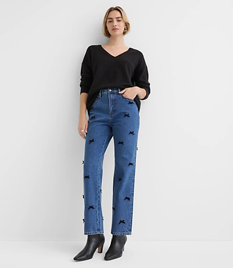 Velvet Bow High Rise Straight Jeans Bright Mid Indigo Wash
