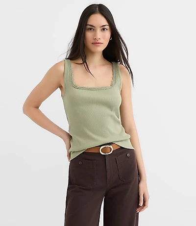 Lace Trim Perfect Ribbed Square Neck Tank Top