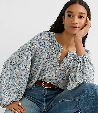 Garden Smocked Ruffle V-Neck Blouse