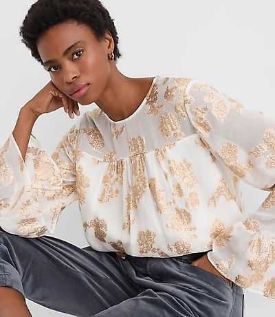 Petite Shimmer Jacquard Ruffle Cuff Blouse