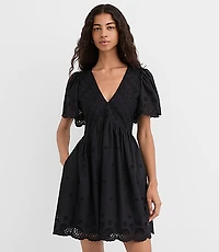 Eyelet Flutter Sleeve Mini Pocket Dress