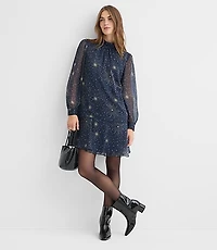 Tall Shimmer Stripe Tie Neck Mini Flounce Dress