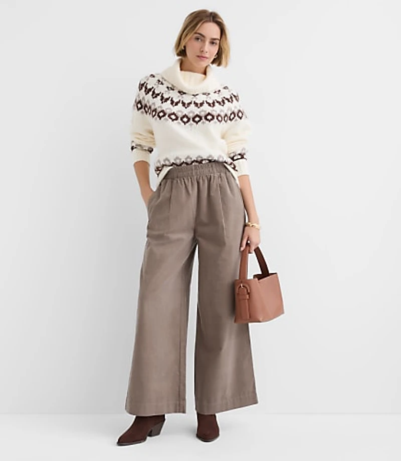 Petite Pleated Pull On Wide Leg Pants in Corduroy